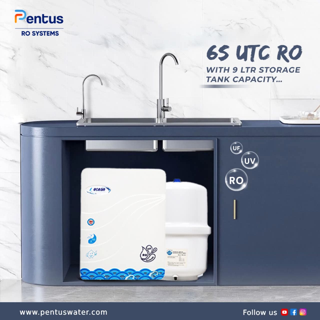 Pentus 6S UTC RO Water Purifier (Under-the-Counter) – 9 Ltr Storage